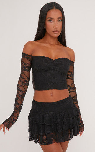 Ego - Low Rise Frill Detail Layered Mini Skirt In Black Lace
