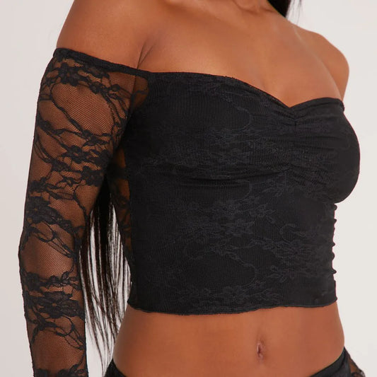 Bardot Crop Top In Black Lace