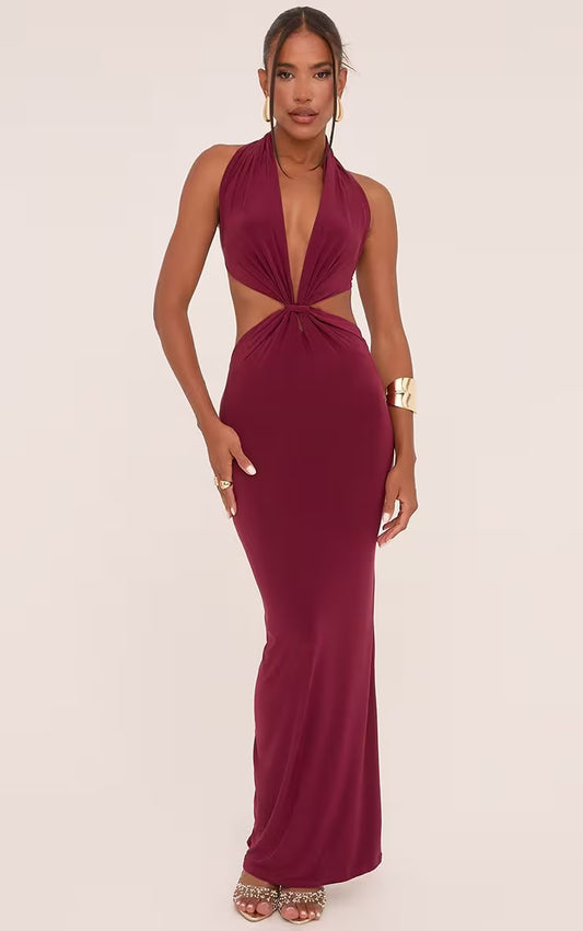 Ego - Plunge Halterneck Knot Front Maxi Dress In Wine Slinky