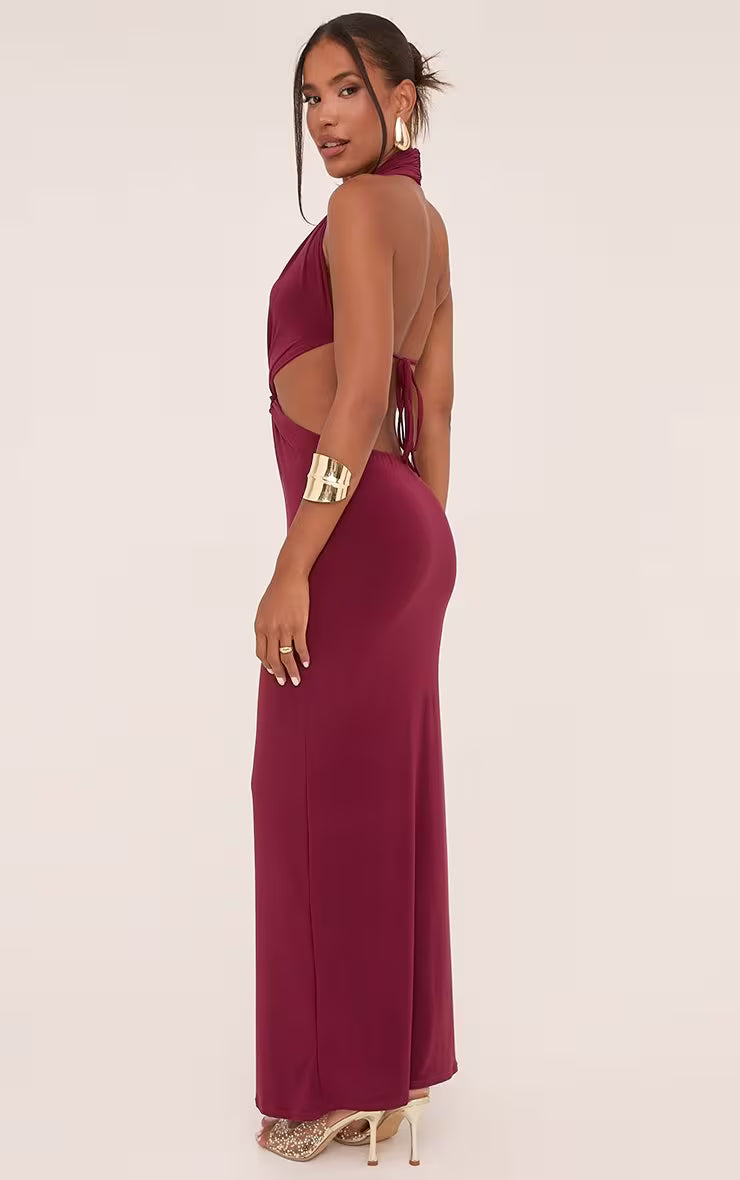Ego - Plunge Halterneck Knot Front Maxi Dress In Wine Slinky