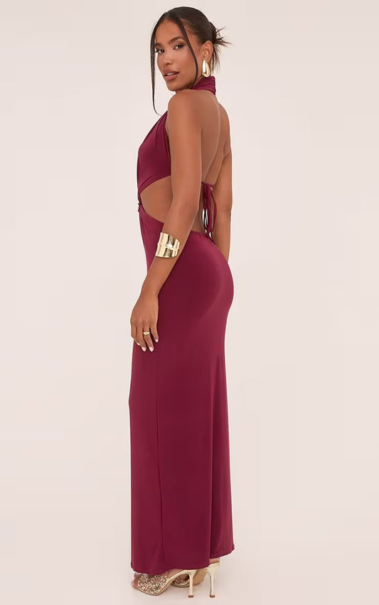 Ego - Plunge Halterneck Knot Front Maxi Dress In Wine Slinky