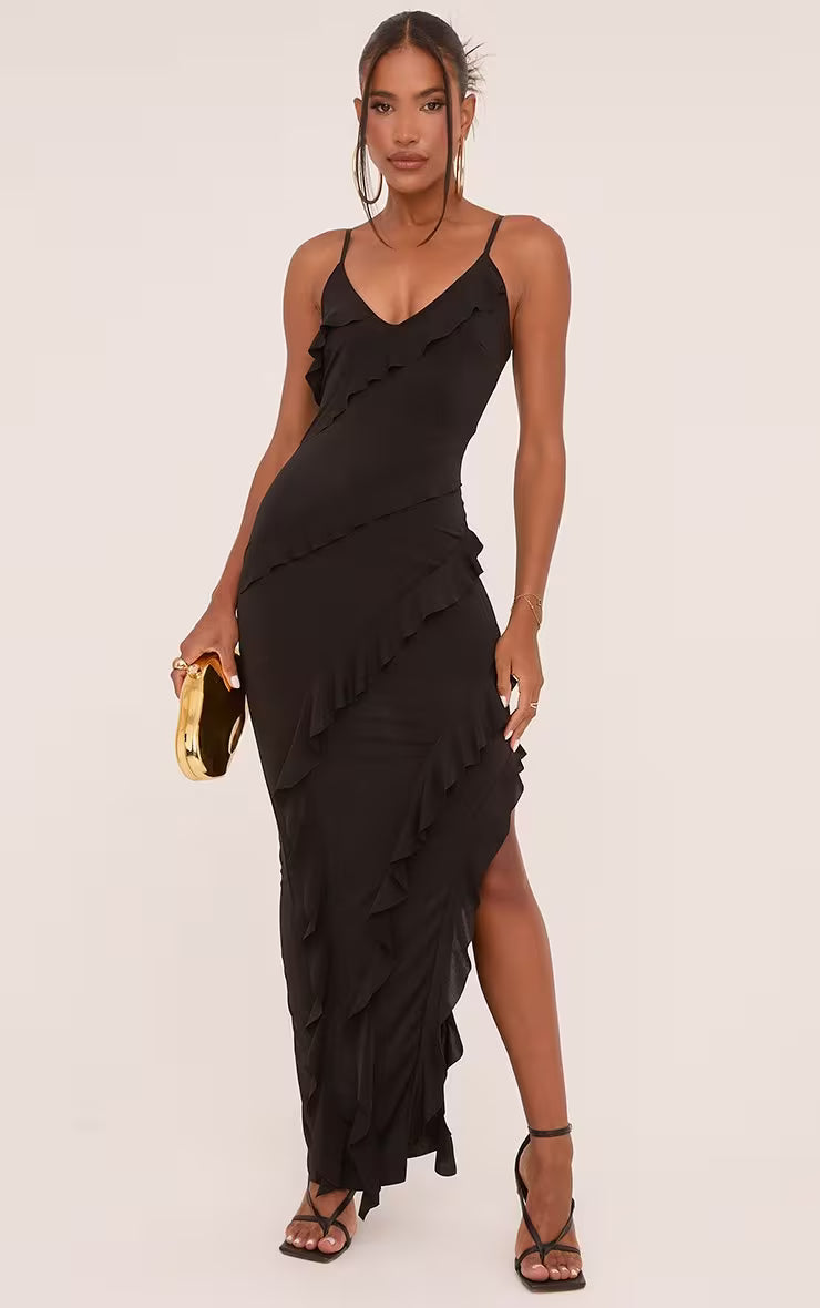 Strappy Tiered Frill Asymmetric Maxi Dress In Black Slinky