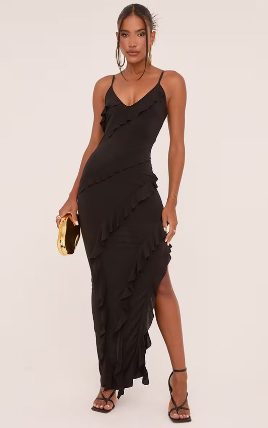Strappy Tiered Frill Asymmetric Maxi Dress In Black Slinky