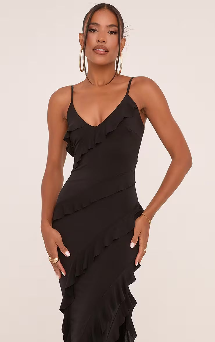 Strappy Tiered Frill Asymmetric Maxi Dress In Black Slinky