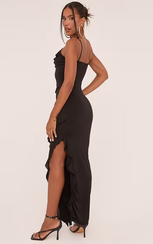 Strappy Tiered Frill Asymmetric Maxi Dress In Black Slinky