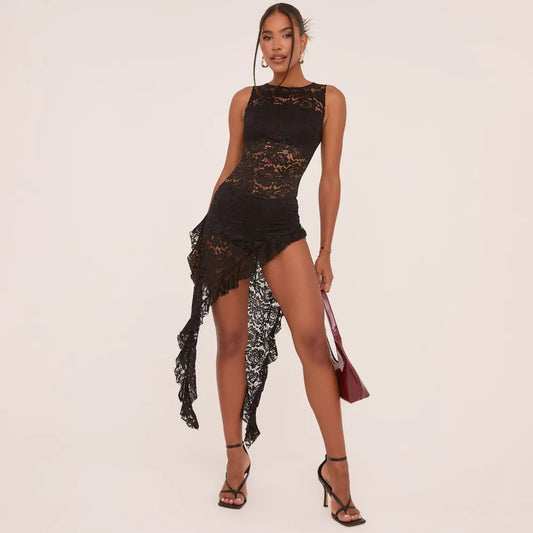 High Neck Frilly Playsuit In Black Lace