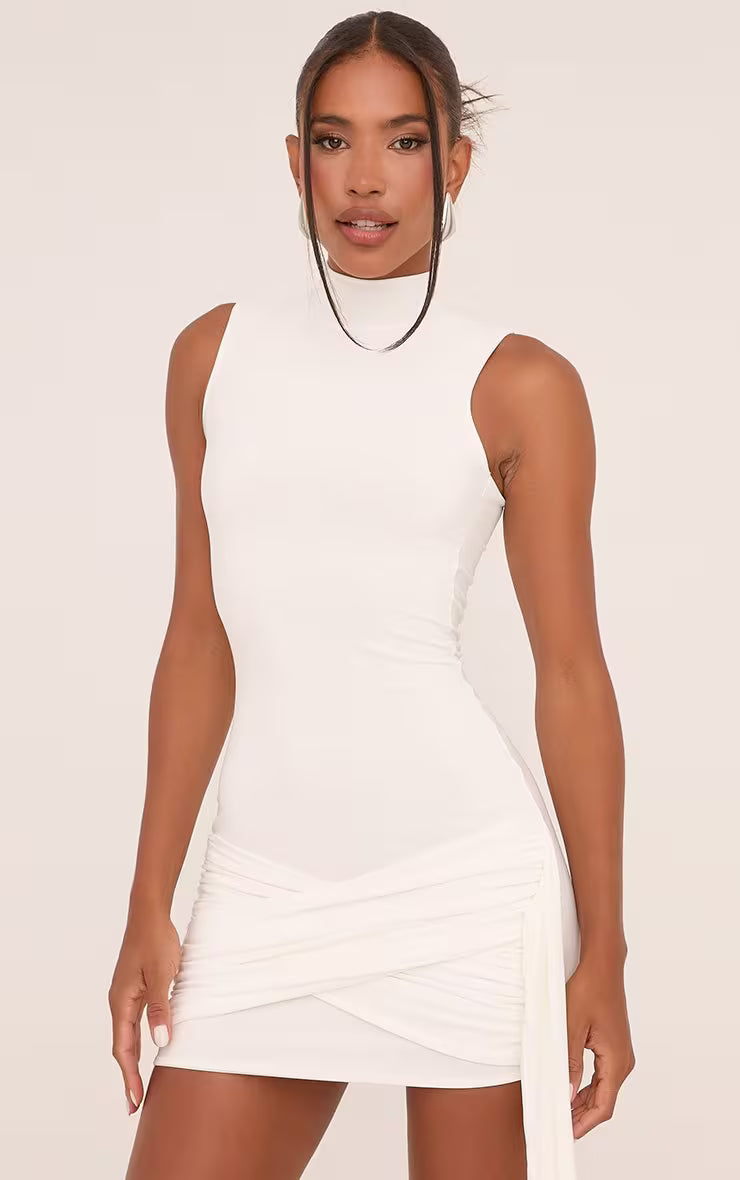 Ego - High Neck Drape Detail Mini Dress In Cream Slinky
