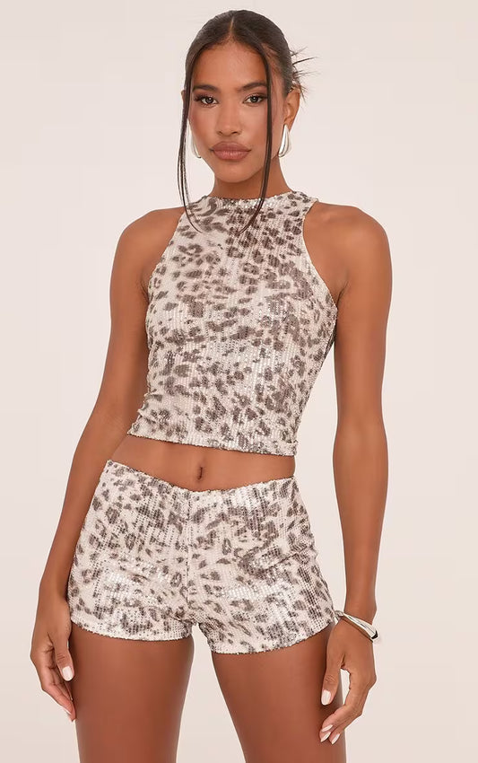 Ego - High Neck Racer Crop Top and skirt In Leopard Print Sequin SET