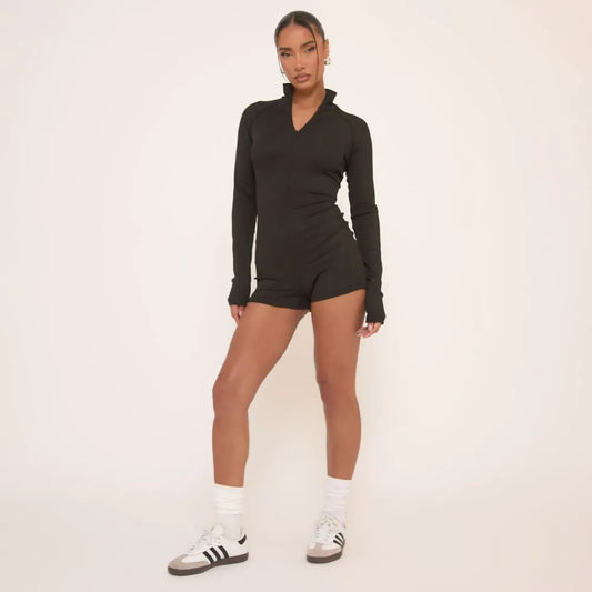 Long Sleeve Zip Up Playsuit In Black