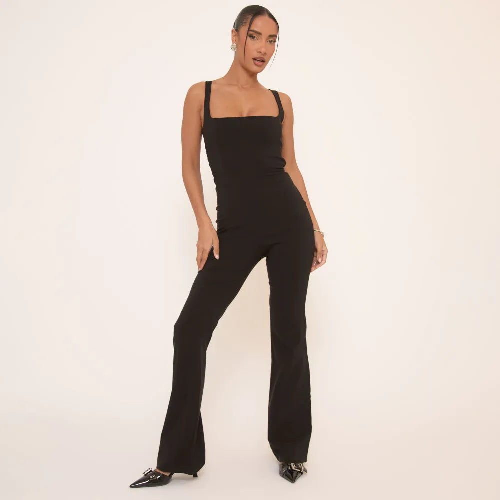 Square Neck Flared Jumpsuit In Black