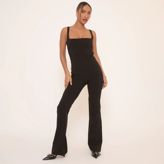 Square Neck Flared Jumpsuit In Black