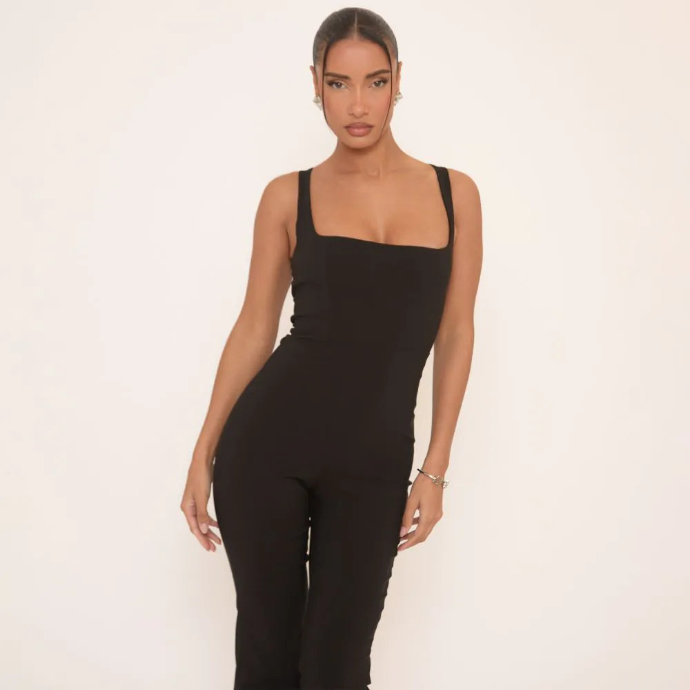 Square Neck Flared Jumpsuit In Black