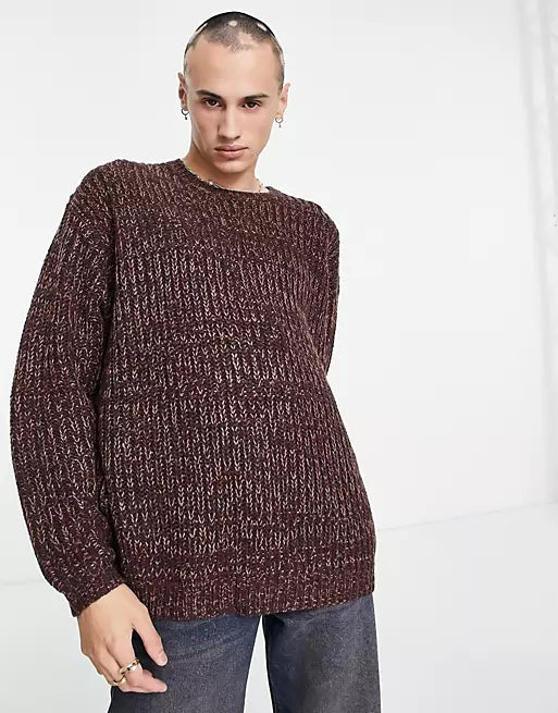 Heavyweight fisherman rib crew neck jumper in burgundy twist