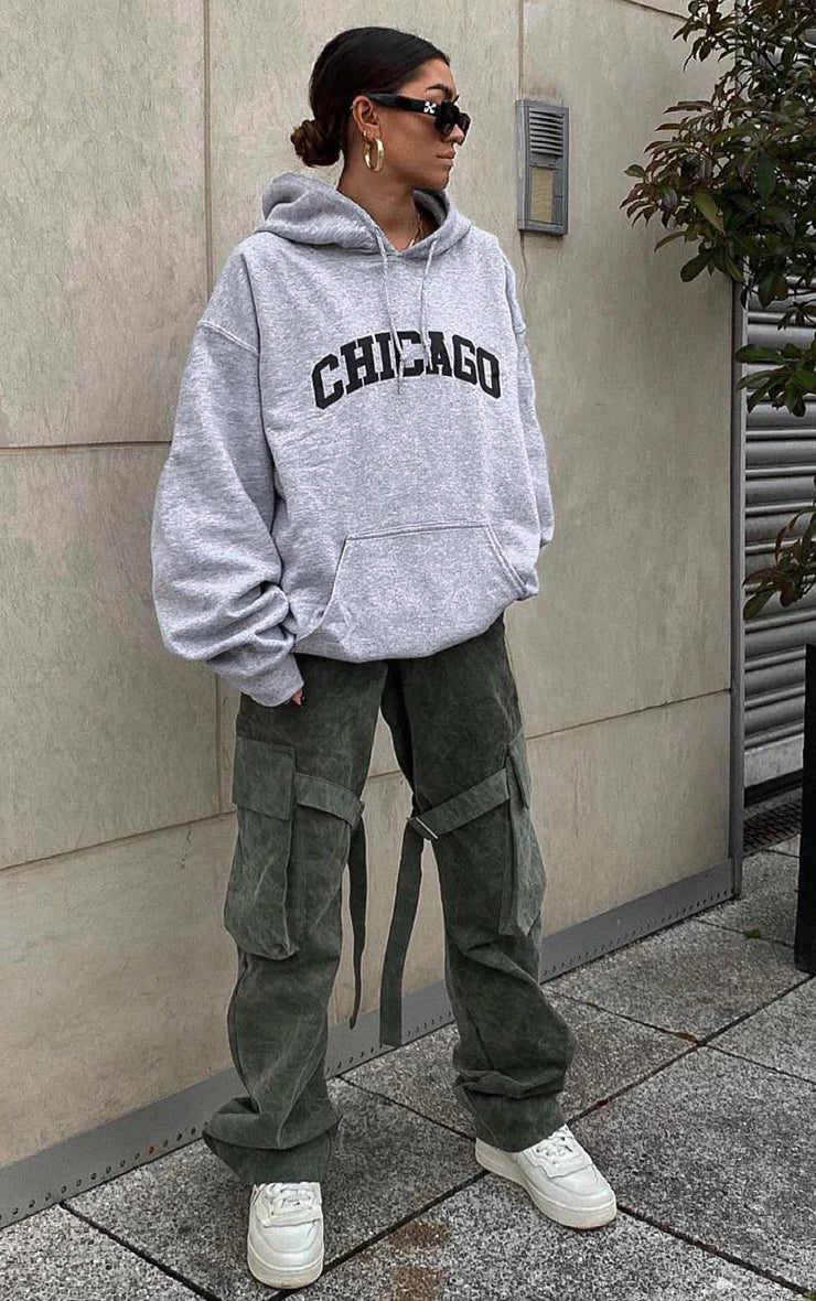 Grey Chicago Print Oversized Hoodie