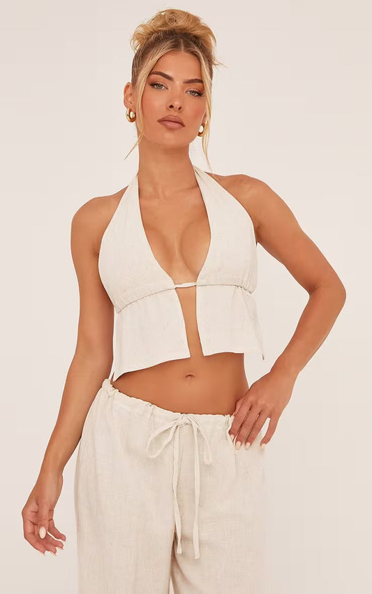 Halterneck Split Hem Tie Back Top In Stone Linen