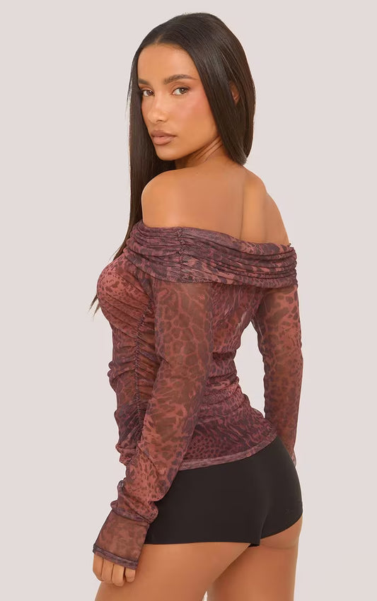 Ego - bardot long sleeve top in mesh leopard