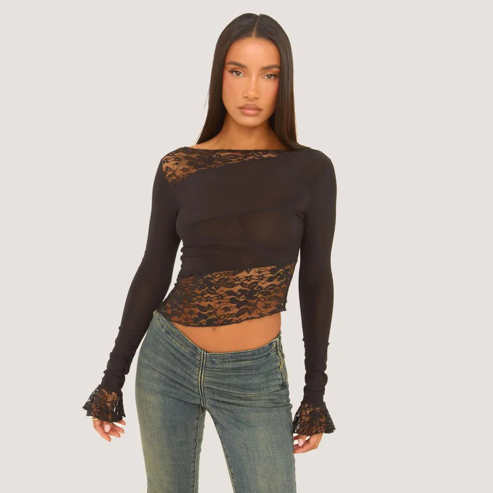 Long Frill Sleeve Lace Detail Asymmetric Top In Black
