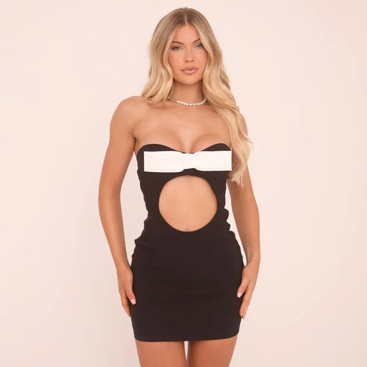 Bandeau Contrast Bow Detail Cut Out Mini Bodycon Dress In Black