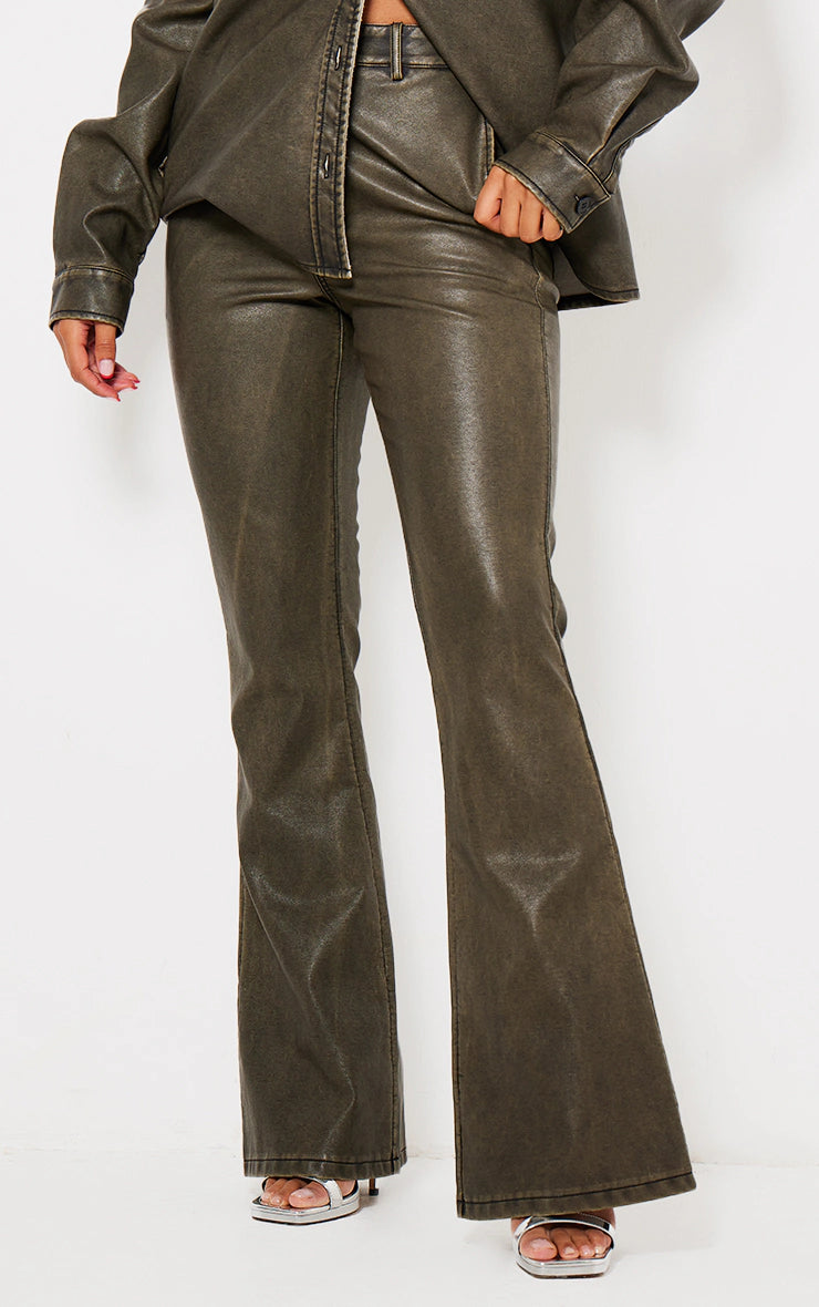 Washed Brown Faux Leather Flared Pants