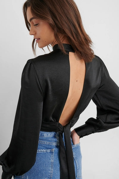 High Neck Satin Blouse Black