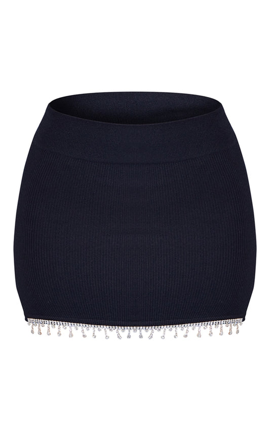 Petite Black Diamante Detail Contour Rib Bodycon Skirt