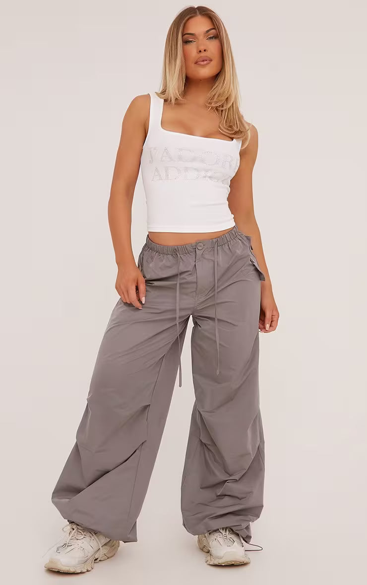 Ego Square Neck Diamante J'Adore Addict Slogan Vest Top In White Rib
