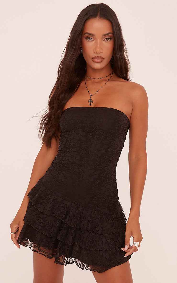 Ego - bandeau froll hem mini dress in black lace