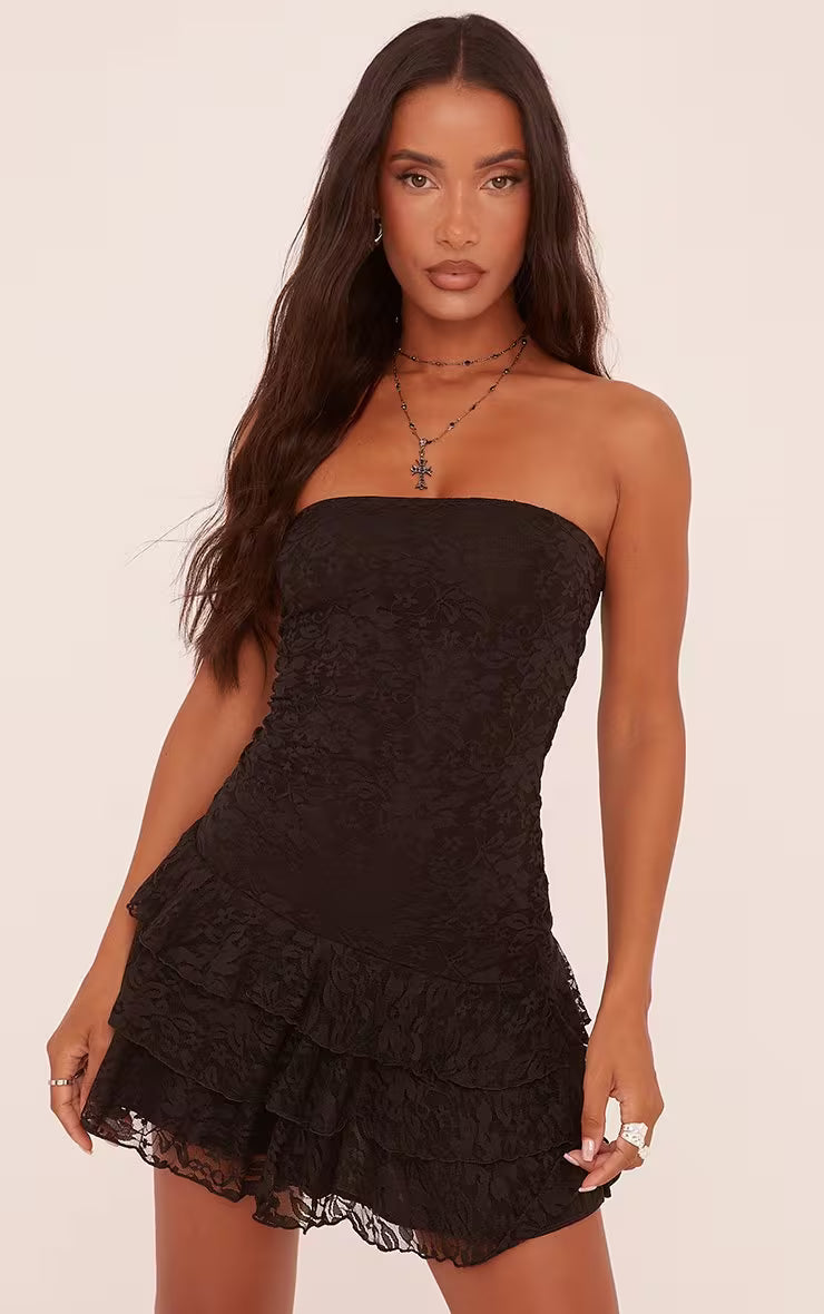 Ego - bandeau froll hem mini dress in black lace