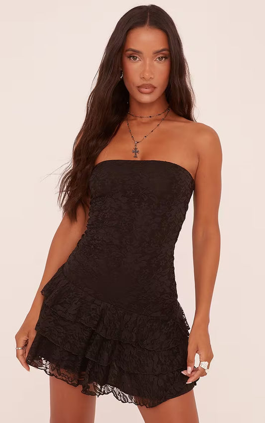Ego - bandeau froll hem mini dress in black lace
