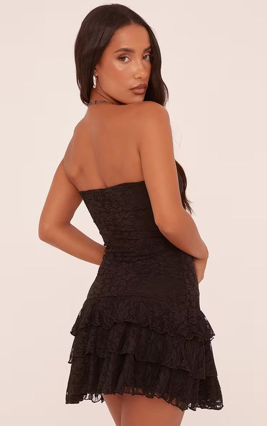 Ego - bandeau froll hem mini dress in black lace