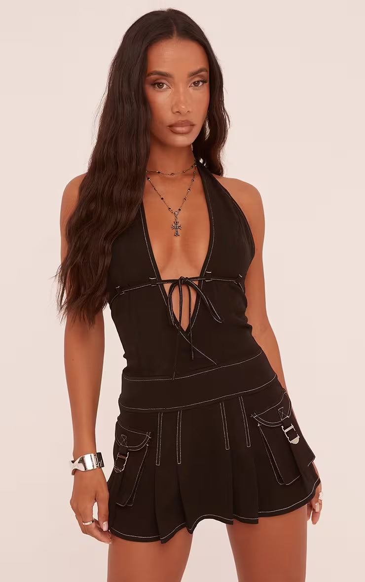 Ego -  Plunge Tie Front Contrast Seam Mini Cargo Dress In Black Woven