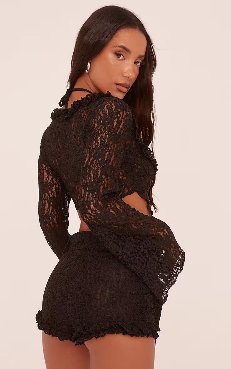 Ego - Flared Long Sleeve Split Hem Top In Black Lace