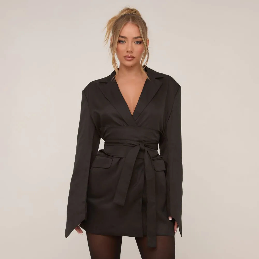 Oversized Belted Detail Blazer Dress In Black Woven