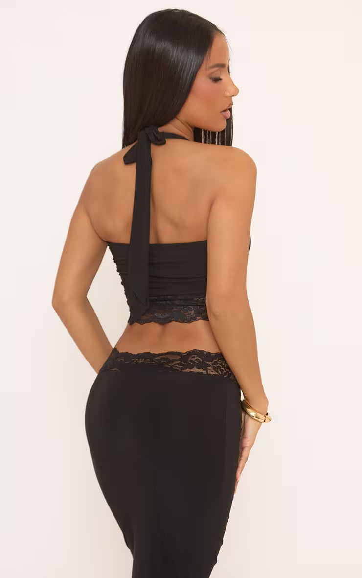 Ego - Plunge Halterneck Contrast Lace Hem Top & Maxi Skirt In Black SET