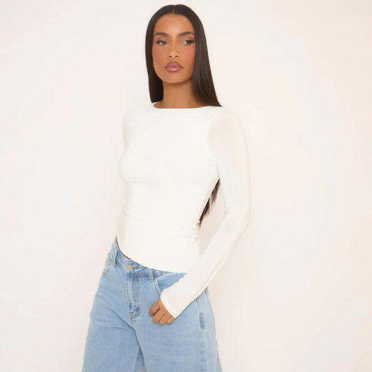 Long Sleeve Asymmetric Hem Top In White Slinky
