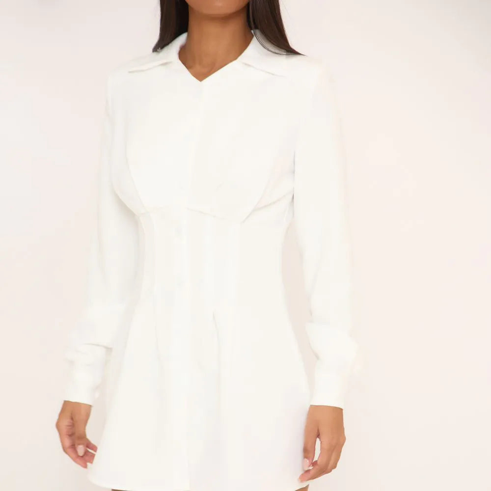 Ego - Long Sleeve Pleated Corset Blazer Dress In White
