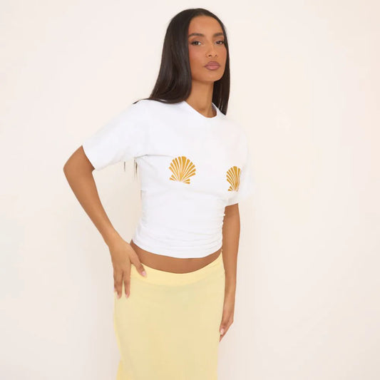 Short Sleeve Shell Graphic Detail Fitted T-Shirt In White
