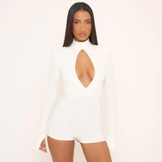 Long Sleeve Keyhole Cut Out Shoulder Pad Playsuit In Cream