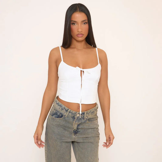 Hook And Eye Detail Lace Up Back Corset Top In White