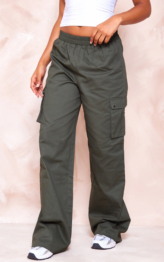 Forest Green Wide Leg High Waisted Cargo Trousers