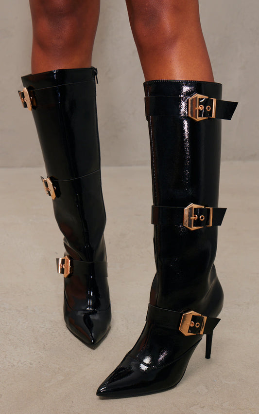 Black PU Patent Point Toe Buckle Knee High Heeled Boots