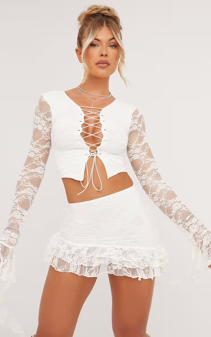 Ego - High Waist Frill Detail Mini Skirt In White Lace