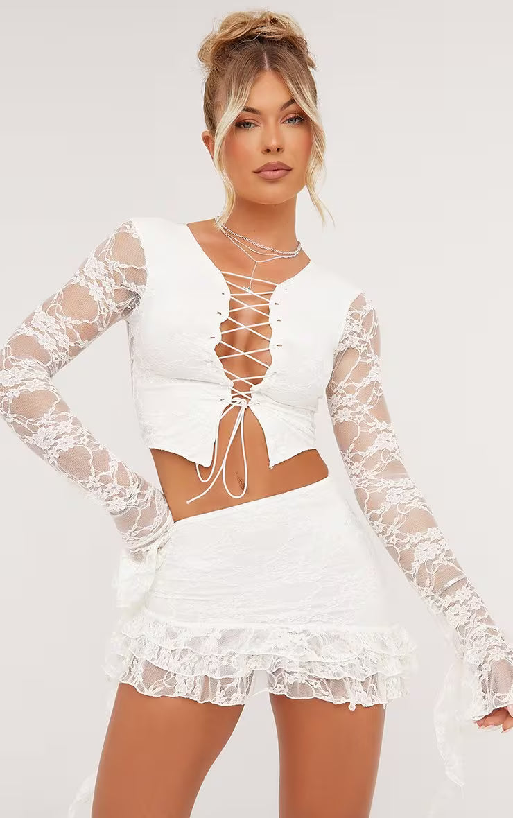 Ego - Long Sleeve Frill Detail Lace Up Front Crop Top In White Lace