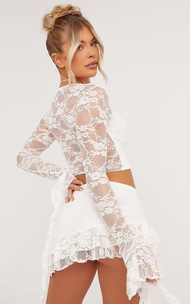 Ego - High Waist Frill Detail Mini Skirt In White Lace