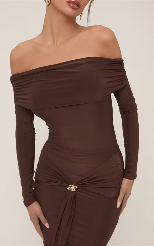 Asos - Bardot Long Sleeve Top In Chocolate Brown Slinky