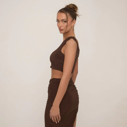 One Shoulder Double Layer Crop Top In Chocolate Brown Slinky