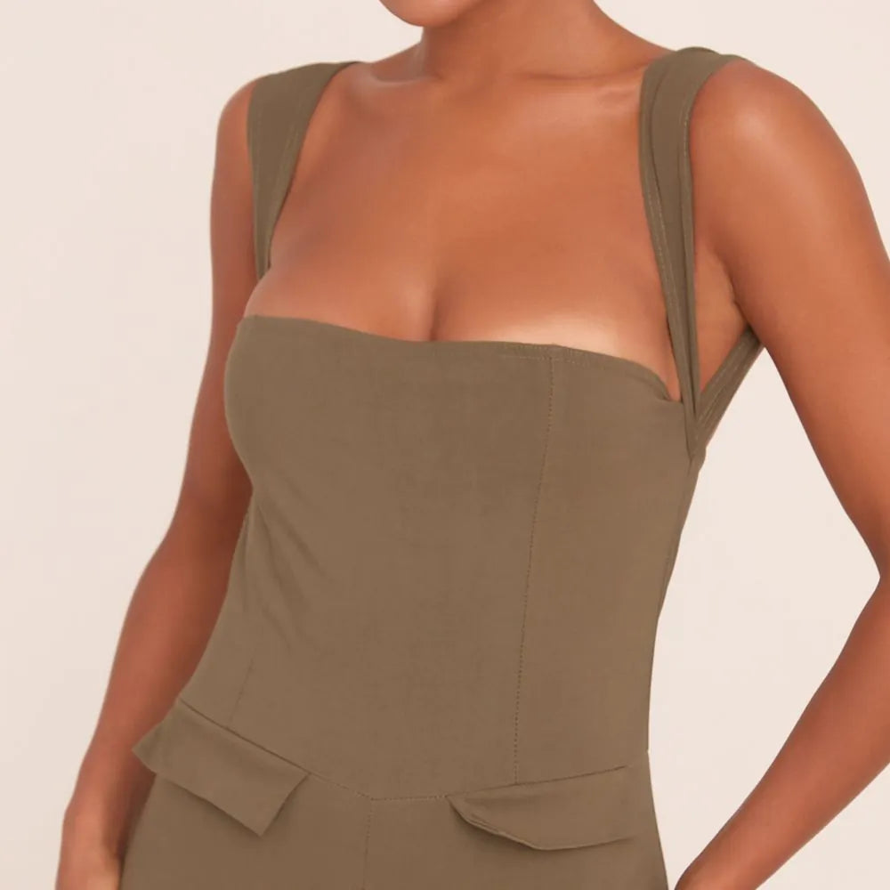 Square Neck Tailored Flared Jumpsuit In Khaki Green Woven