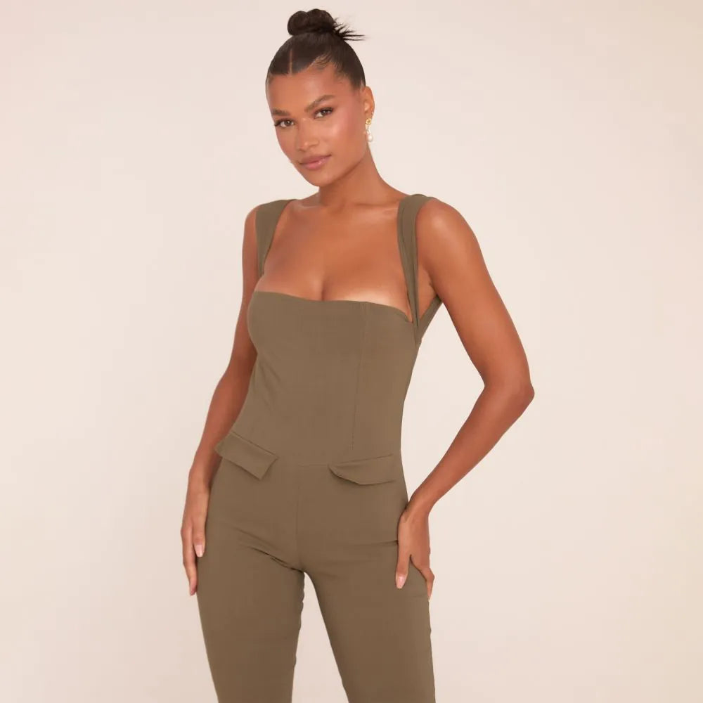Square Neck Tailored Flared Jumpsuit In Khaki Green Woven