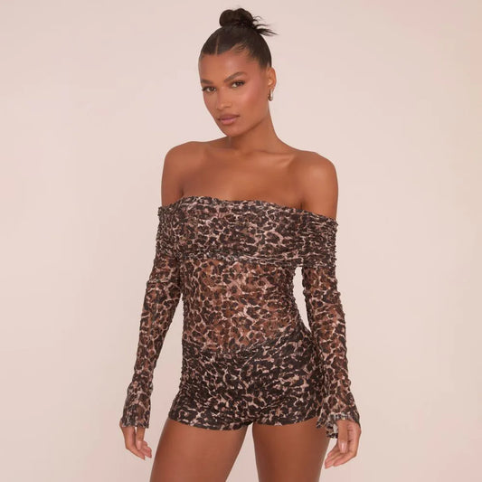 Bardot Ruched Playsuit In Brown Leopard Print