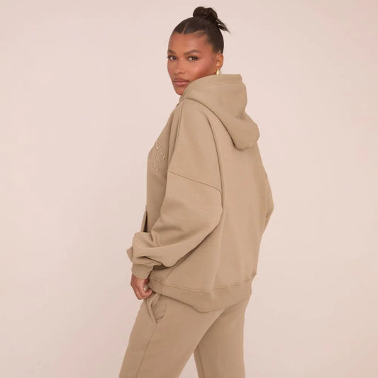 Oversized Ego Embossed Hoodie In Taupe Brown